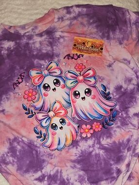 George Purple Pink Tie-Dye Short Sleeve Tee with Cute Ghosts